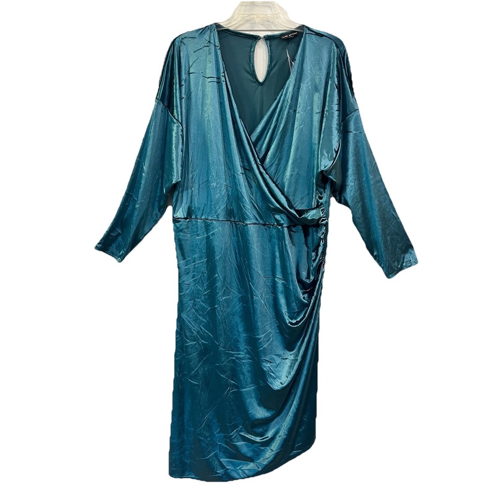 Lane Bryant Long Sleeve Velvet Midi Dress Asymmetrical Hem Deep Teal Women 26/28